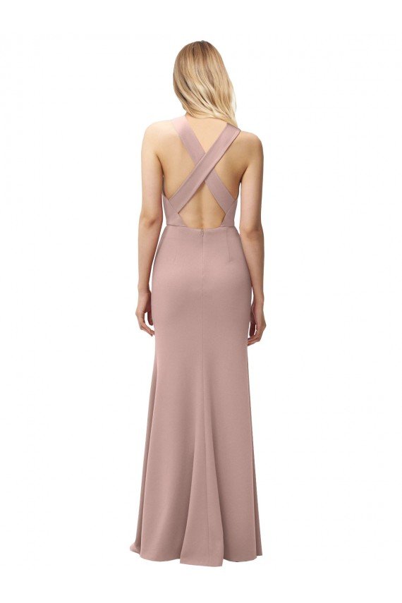 Affordable Long Floor Length High Neck Fit and Flare Stretch Crepe Bridesmaid Dress / Prom Dress with Side Slit