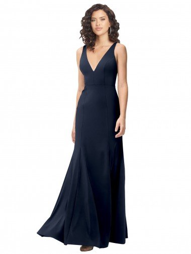 Affordable Classic V-Neck Long Stretch Formal Crepe Bridesmaid Dress / Prom Dress with V-Back