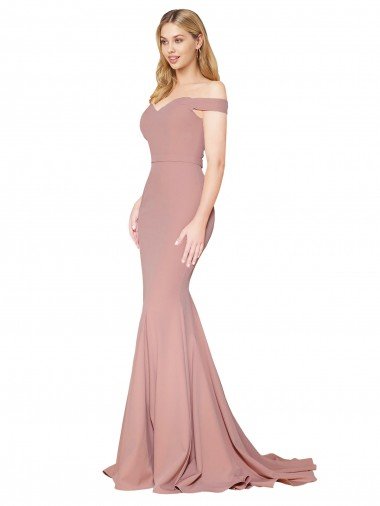 Affordable Off the Shoulder Sweetheart Long Sweep Train Formal Crepe Bridesmaid Dress / Prom Dress