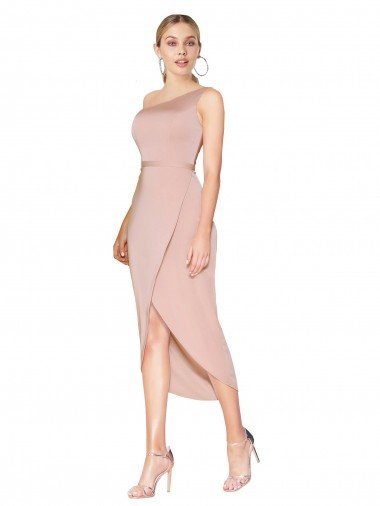 Affordable Knee Length One Shoulder Formal Crepe Short Wrap Bridesmaid Dress / Prom Dress