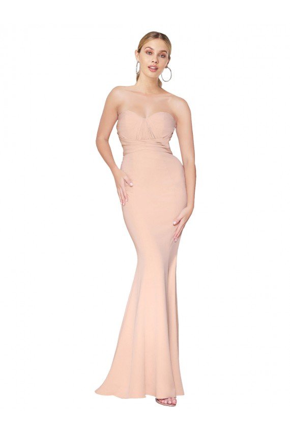 Affordable Sweetheart Shirred Neck Long Floor Length Formal Crepe Bridesmaid Dress / Prom Dress