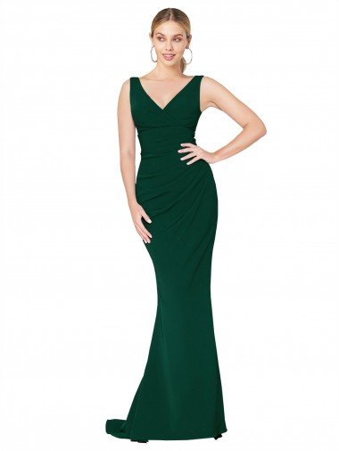 Affordable V-Neck Floor Length Long Formal Crepe Mermaid Bridesmaid Dress / Prom Dress