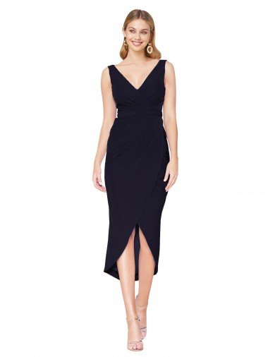 Affordable Knee Length V-Neck Formal Crepe Short Cocktail Wrap Bridesmaid Dress / Prom Dress