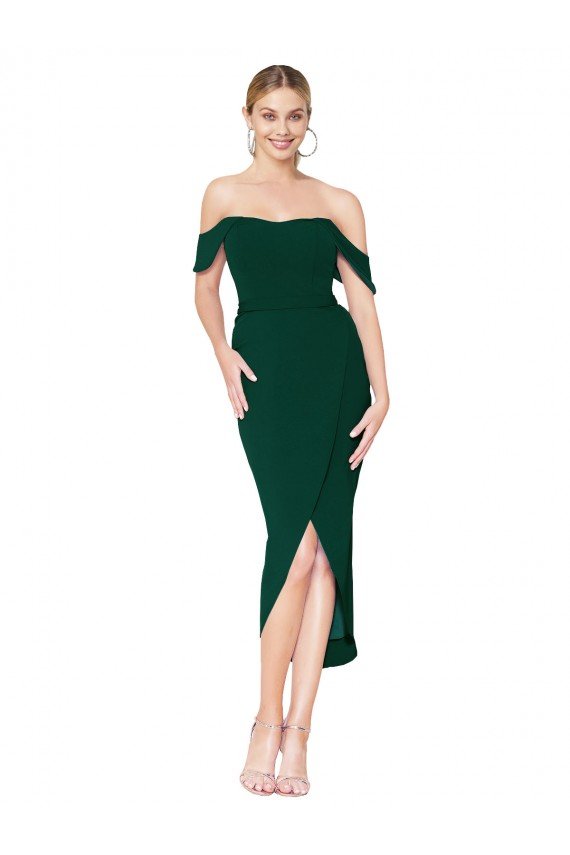 Affordable Off the Shoulder Knee Length Formal Crepe Short Cocktail Wrap Bridesmaid Dress / Prom Dress