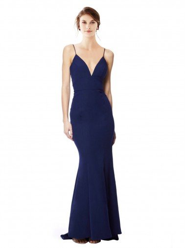 Affordable Deep V-Neck Spaghetti Straps Mermaid Formal Crepe Bridesmaid Dress / Prom Dress