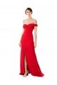 Affordable Off the Shoulder Chapel Train Formal Crepe Bridesmaid Dress / Prom Dress with Thigh-High slit