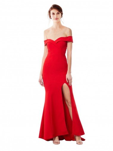 Affordable Off the Shoulder Sweetheart Maxi Formal Crepe Bridesmaid Dress / Prom Dress With Thigh Split and Train
