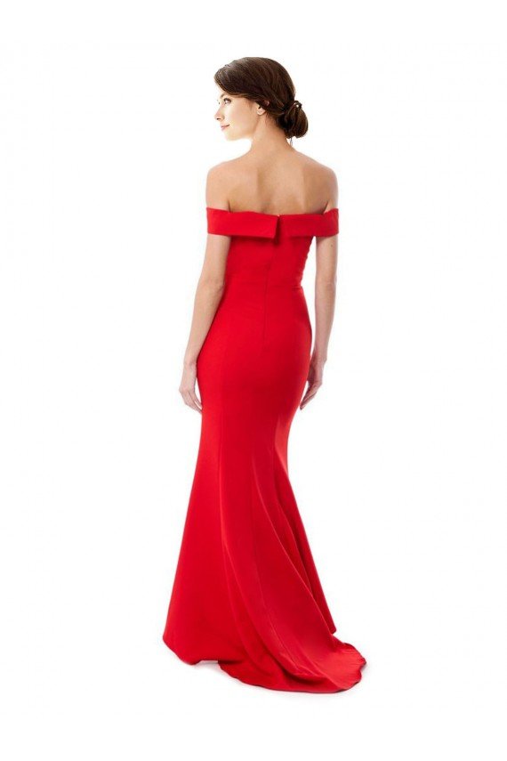 Affordable Off the Shoulder Sweetheart Maxi Formal Crepe Bridesmaid Dress / Prom Dress With Thigh Split and Train