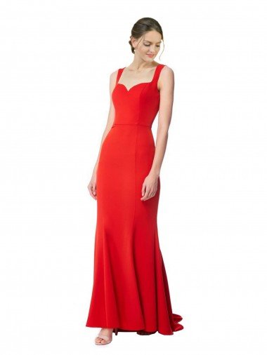 Affordable Long Chapel Train Fishtail Maxi Formal Crepe Bridesmaid Dress / Prom Dress with Sweetheart Neckline