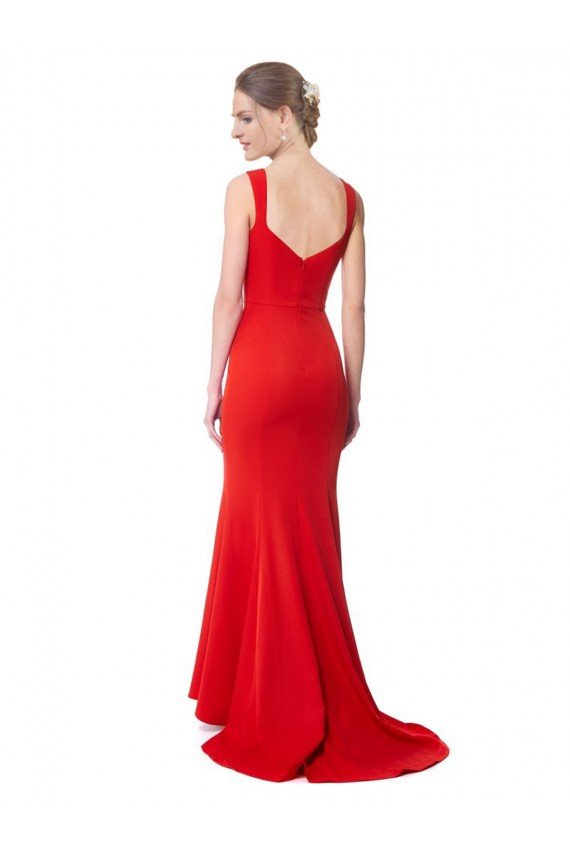 Affordable Long Chapel Train Fishtail Maxi Formal Crepe Bridesmaid Dress / Prom Dress with Sweetheart Neckline