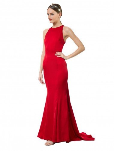 Affordable High Neck Mermaid Open Back Formal Crepe Maxi Bridesmaid Dress / Prom Dress with Train Detail