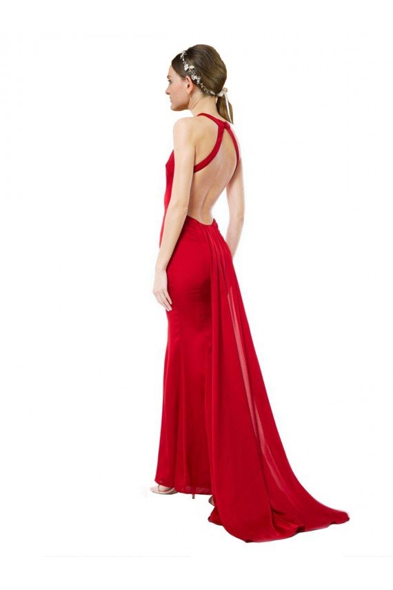 Affordable High Neck Mermaid Open Back Formal Crepe Maxi Bridesmaid Dress / Prom Dress with Train Detail