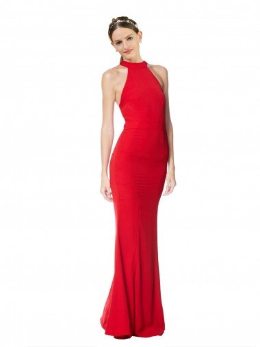 Affordable Halter Neck Keyhole Back Sleeveless Formal Crepe Maxi Bridesmaid Dress / Prom Dress