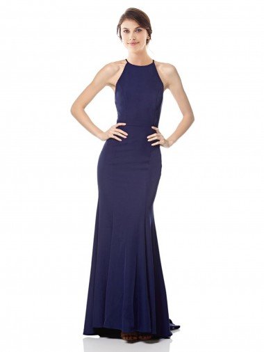 Affordable High Neck Fishtail Formal Crepe Bridesmaid Dress / Prom Dress with Open Back Detail