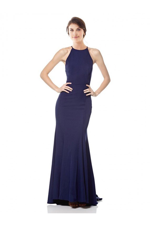 Affordable High Neck Fishtail Formal Crepe Bridesmaid Dress / Prom Dress with Open Back Detail