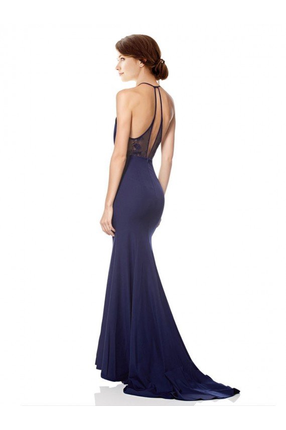 Affordable High Neck Fishtail Formal Crepe Bridesmaid Dress / Prom Dress with Open Back Detail