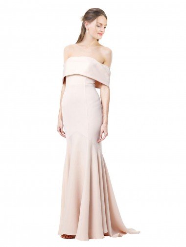 Affordable Mermaid Bardot Maxi Formal Crepe Bridesmiad Dress with Fishtail Train