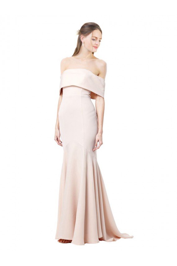 Affordable Mermaid Bardot Maxi Formal Crepe Bridesmiad Dress with Fishtail Train