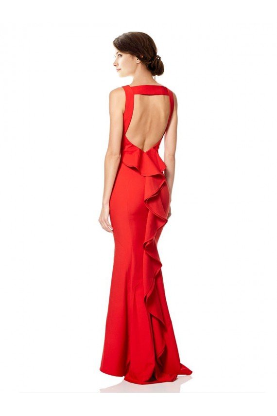 Affordable High Neck Maxi Formal Crepe Bridesmiad Dress with Exaggerated Back Ruffle