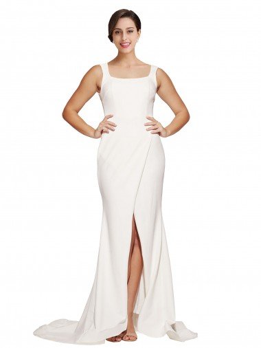 Affordable Square Neck Long Sheath Sweep Train Crepe Bridesmaid Dress / Prom Dress 