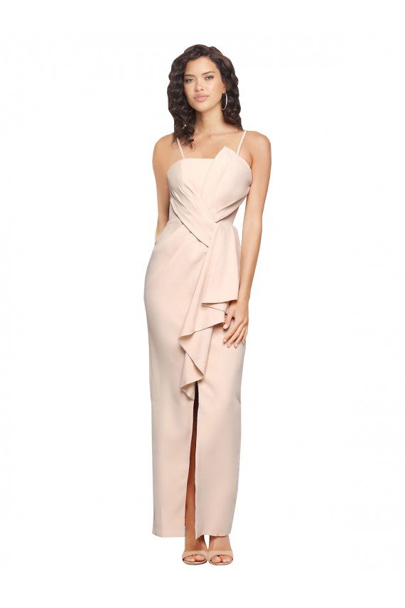 Affordable Long Full Length Ruffles Strapless Low Back Crepe Bridesmaid Dress / Prom Dress with Straps