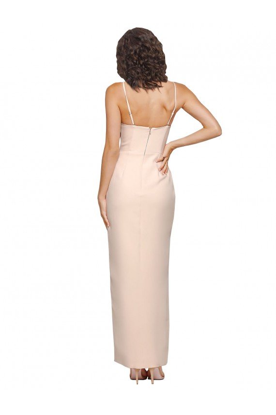 Affordable Long Full Length Ruffles Strapless Low Back Crepe Bridesmaid Dress / Prom Dress with Straps