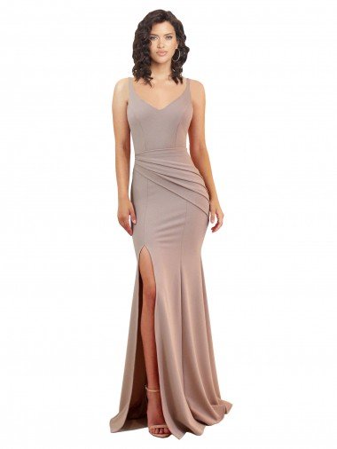 Affordable Fishtail Shape V-Neck Formal Crepe Bridesmaid Dress / Prom Dress with Slit