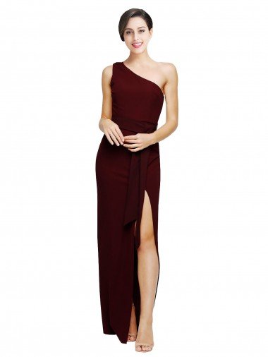 Affordable One Shoulder Sheath Formal Crepe Bridesmaid Dress / Prom Dress with High Side Split