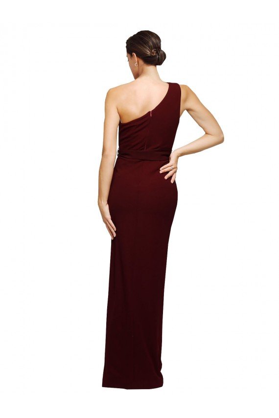 Affordable One Shoulder Sheath Formal Crepe Bridesmaid Dress / Prom Dress with High Side Split