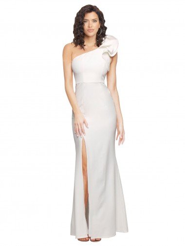 Affordable One Shoulder Long Full Length Formal Crepe Bridesmaid Dress / Prom Dress with Ruffles and Side Split