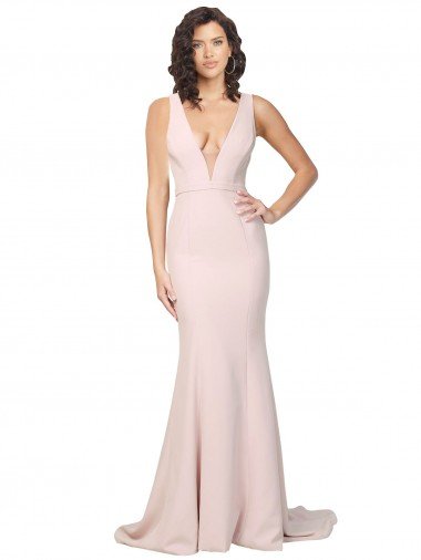 Affordable Deep Plunging V-Neckline Full Length Formal Crepe Bridesmaid Dress / Prom Dress with Deep V-Backline