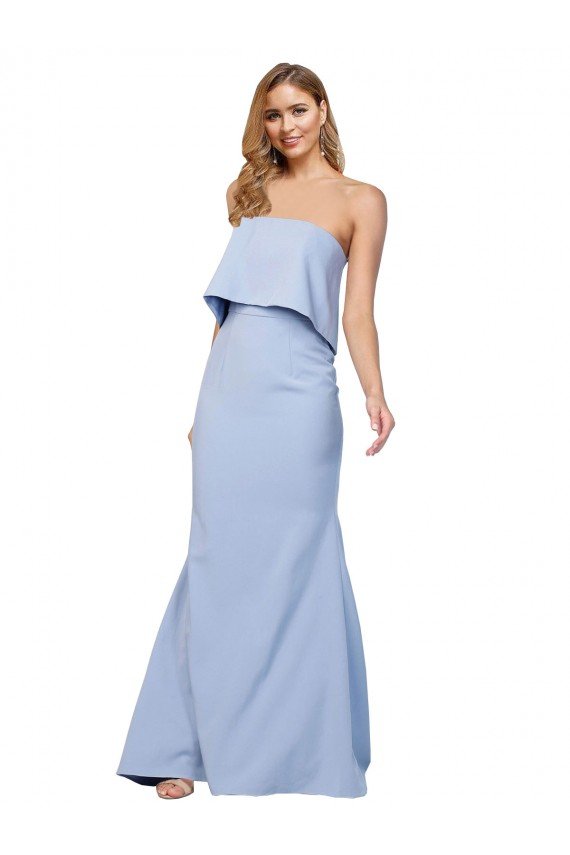 Affordable Strapless Full Length Formal Crepe Bridesmaid Dress / Prom Dress with Bodice Overlay