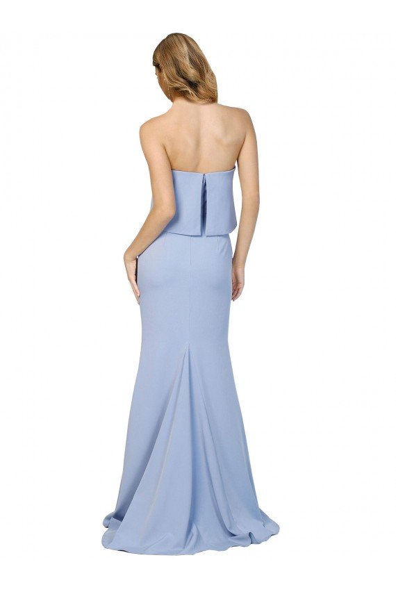 Affordable Strapless Full Length Formal Crepe Bridesmaid Dress / Prom Dress with Bodice Overlay