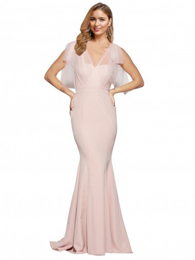 Affordable Double Bow Full Length Sweetheart Formal Crepe Bridesmaid Dress / Prom Dress with Tulle Overlay