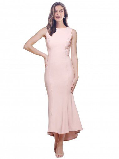 Affordable High Neck Low V-Back Cocktail Midi Length Formal Crepe Bridesmaid Dress / Prom Dress