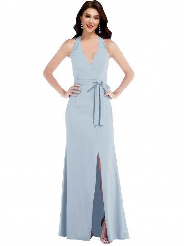 Affordable Open Back Halter Maxi Formal Crepe Bridesmaid Dress / Prom Dress with Draped Bow
