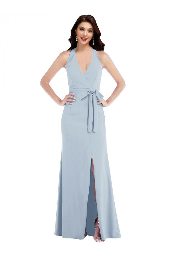 Affordable Open Back Halter Maxi Formal Crepe Bridesmaid Dress / Prom Dress with Draped Bow