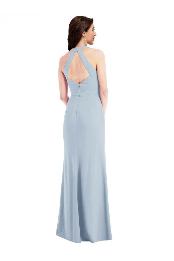 Affordable Open Back Halter Maxi Formal Crepe Bridesmaid Dress / Prom Dress with Draped Bow