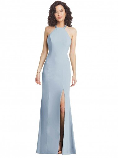 Affordable High Neck Halter Formal Crepe Bridesmaid Dress / Prom Dress with Twist Criss Cross Back