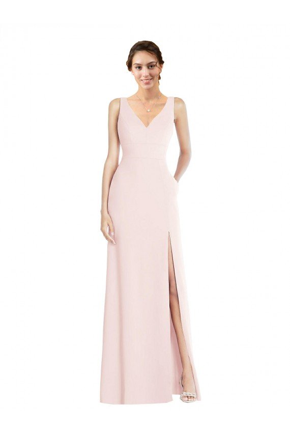Affordable Square Neck Low Back A-Line Bridesmaid Dress / Prom Dress with Front Slit and Pockets