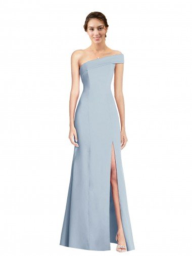 Affordable Asymmetrical Off the Shoulder Cuff Trumpet Formal Crepe Bridesmaid Dress / Prom Dress With Front Slit