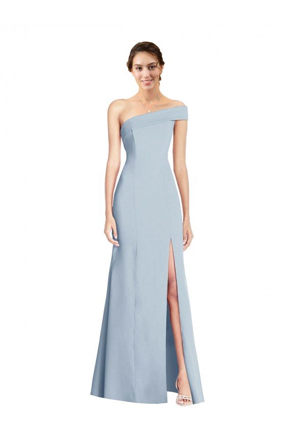 Affordable Asymmetrical Off the Shoulder Cuff Trumpet Formal Crepe Bridesmaid Dress / Prom Dress With Front Slit