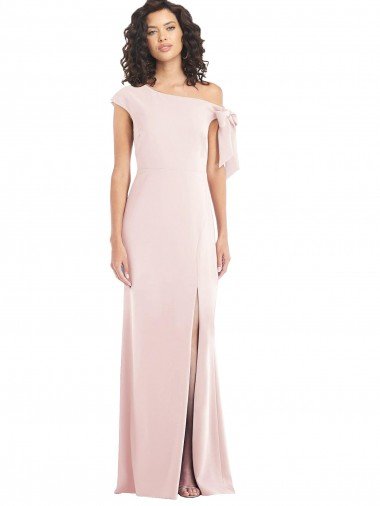 Affordable Off the Shoulder Tie Detail Trumpet Formal Crepe Bridesmaid Dress / Prom Dress with Front Slit
