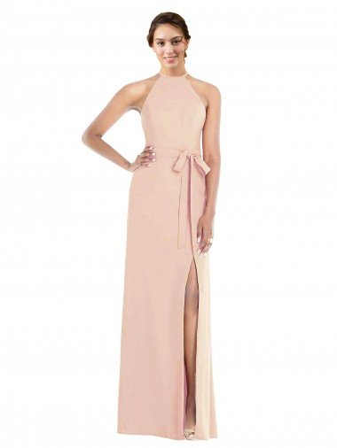 Affordable Halter Criss Cross Cutout Back Maxi Formal Crepe Bridesmaid Dress / Prom Dress