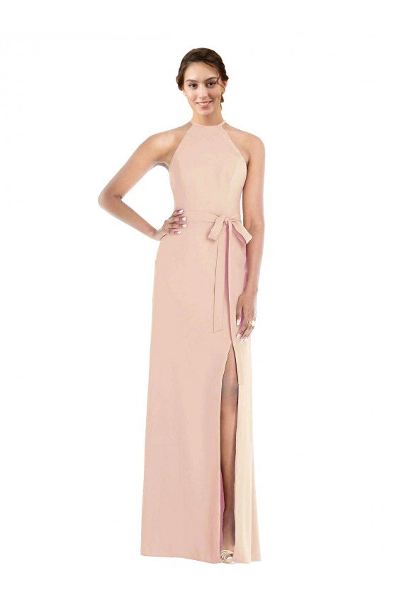Affordable Halter Criss Cross Cutout Back Maxi Formal Crepe Bridesmaid Dress / Prom Dress