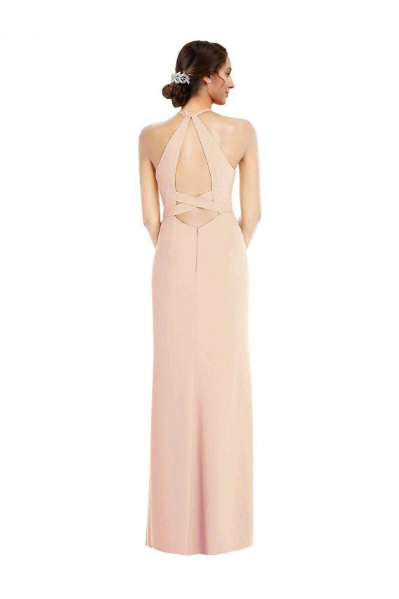 Affordable Halter Criss Cross Cutout Back Maxi Formal Crepe Bridesmaid Dress / Prom Dress