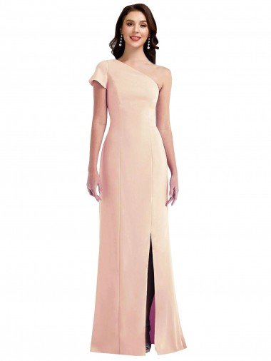Affordable One Shoulder Cap Sleeves Trumpet Formal Crepe Bridesmaid Dress / Prom Dress with Front Slit
