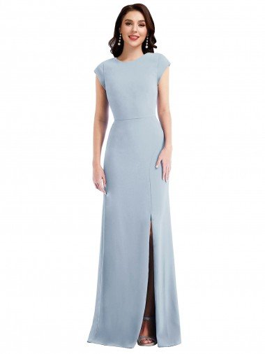 Affordable Cap Sleeve Open Back Trumpet Formal Crepe Bridesmaid Dress / Prom Dress with Front Slit