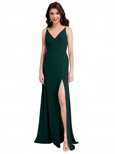 Affordable Slim A-Line V-Neck Full Length Formal Crepe Bridesmaid Dress / Prom Dress with Side Slit