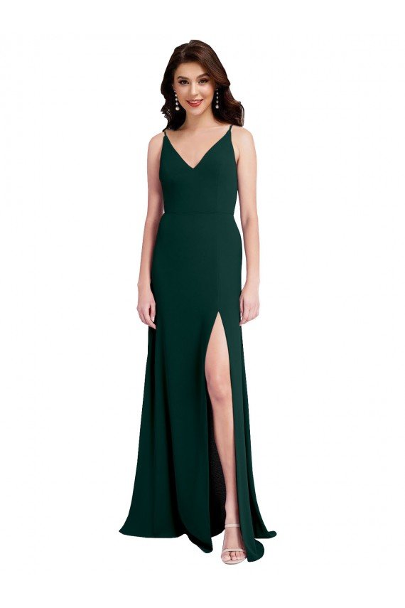 Affordable Slim A-Line V-Neck Full Length Formal Crepe Bridesmaid Dress / Prom Dress with Side Slit
